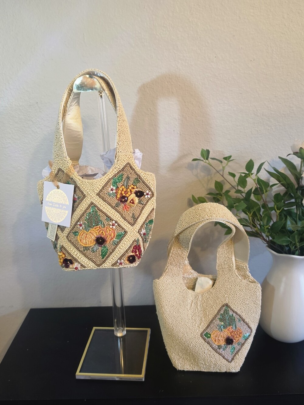 NWT Beaded Handbag Tote Purse Cream Ivory Fall Autumn Pumpkins Floral Beaded